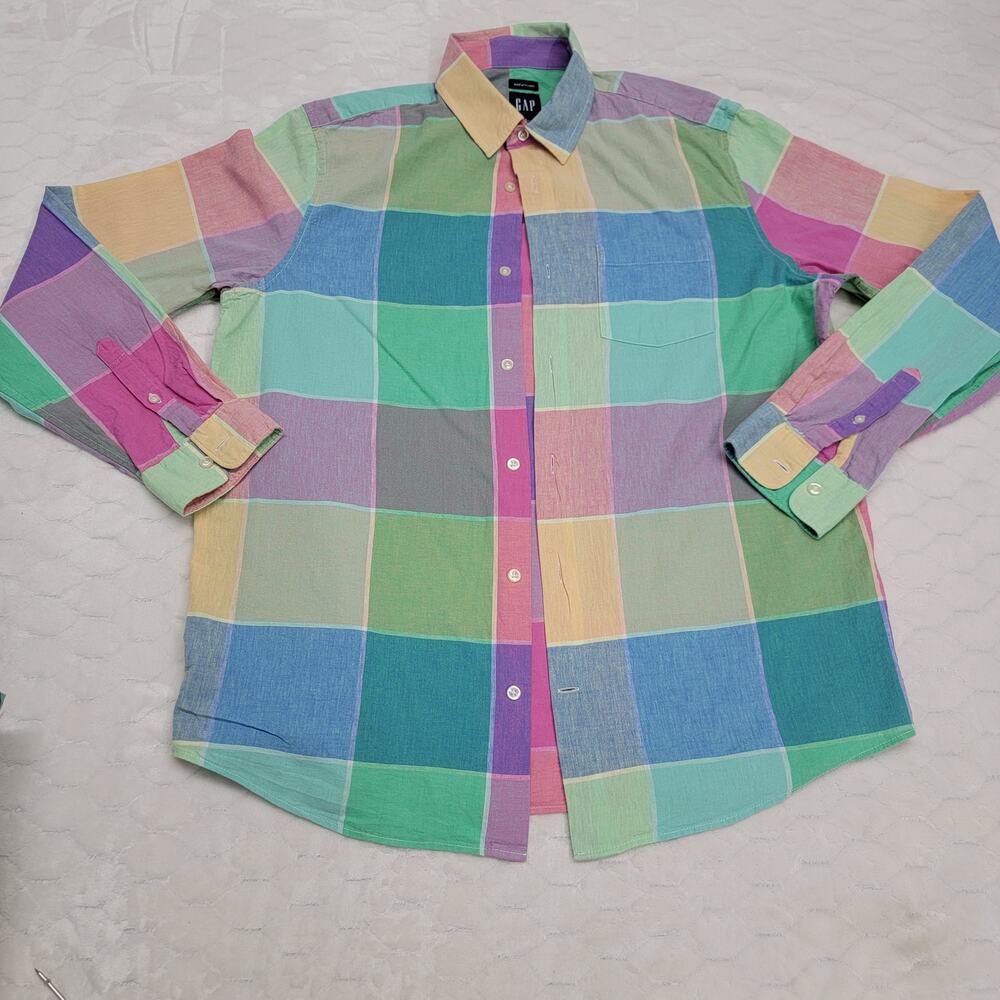 Gap Men's Large Multi-Color Patchwork Linen Cotton Long Sleeve Button Down Shirt